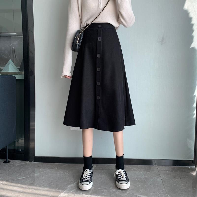 Elegant female design socialite mid-length umbrella skirt A- line skirt button versatile high waist slimming black apricot