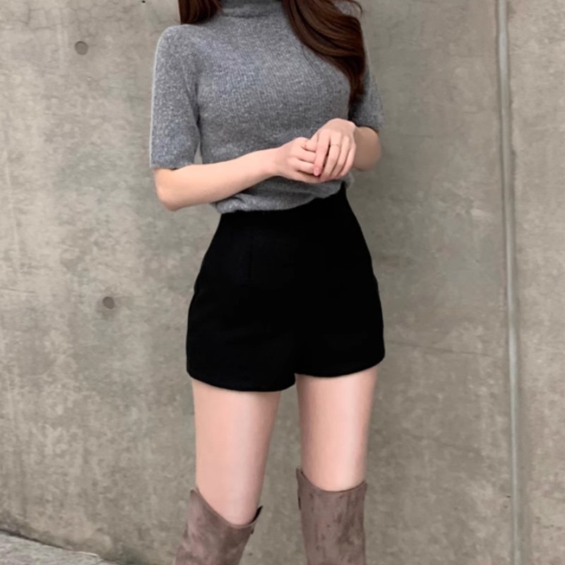 Tight Versatile Outerwear Autumn and Winter Shorts Women's Leggings Elastic Boot Shorts Hip-Hugging High-Waisted Woolen Black Three-Point