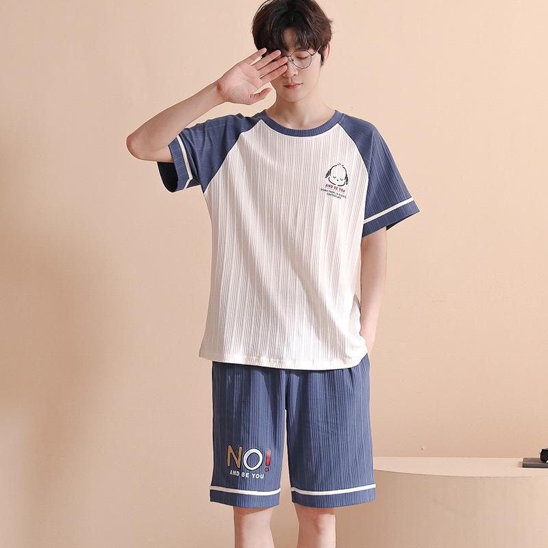 Cotton Cartoon Men's Pajamas Men's Summer Round Neck Short-sleeved Shorts Thin plus size Striped Boys Home Clothes suit