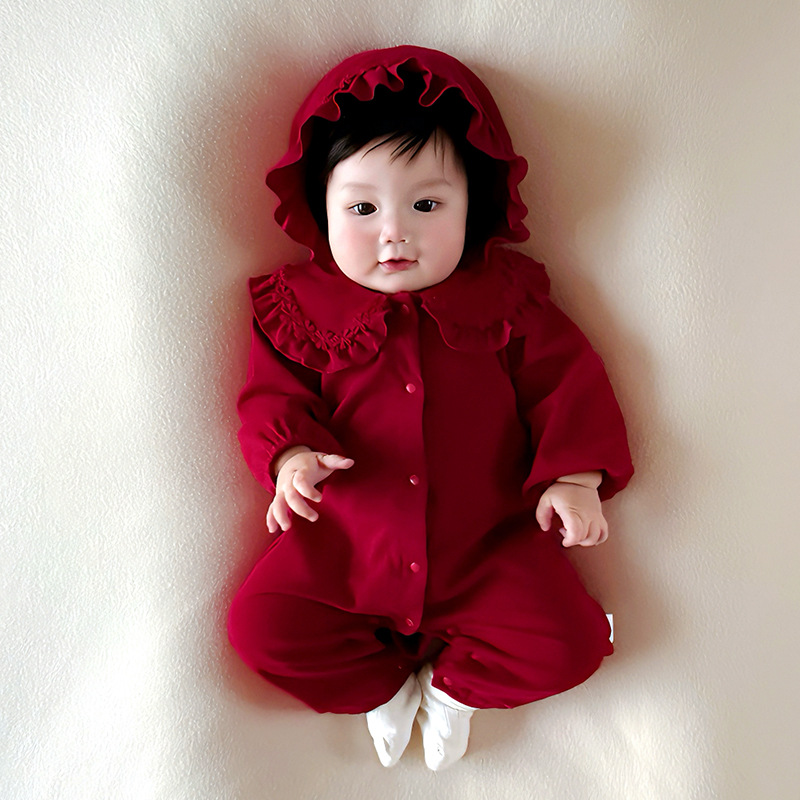 Baby Jumpsuit, Autumn Long-Sleeved New Breathable Newborn Clothes, Red Long-Sleeved A-Class Full-Month Baby Clothing