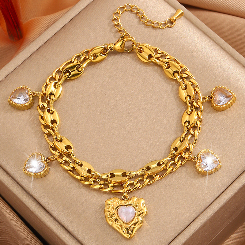 European and American Retro Stainless Steel Bracelets for Women Niche Design Double Chain Love Sun Bracelet Cross-Border Non-Fading Jewelry