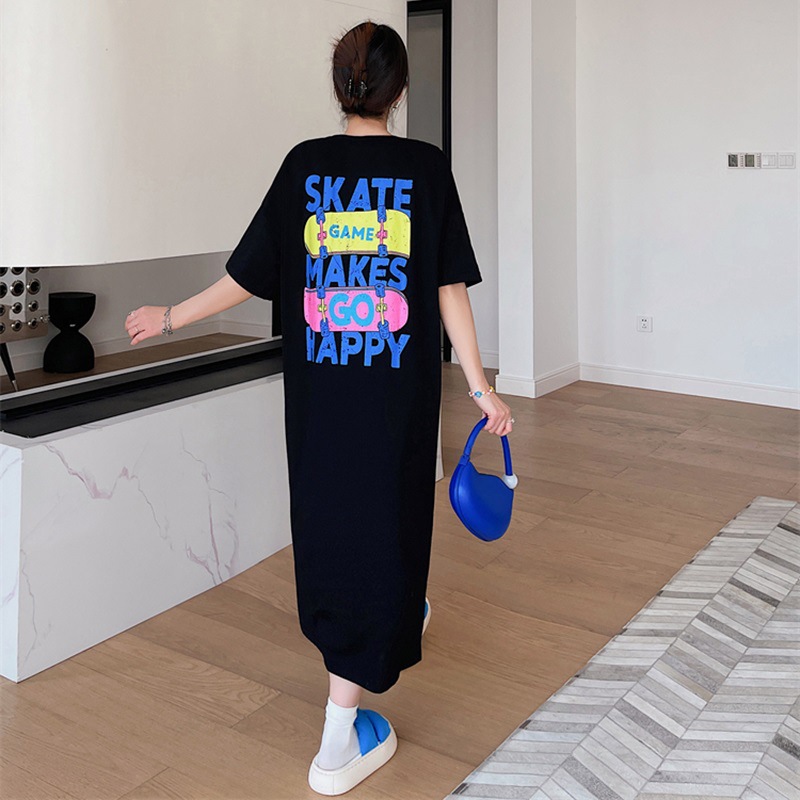 Picture of Korean Plus Size Women's Dress Summer Fat mm Long Short-Sleeved T-Shirt Women's Loose Slit Long Skirt Bottoming Shirt for Women