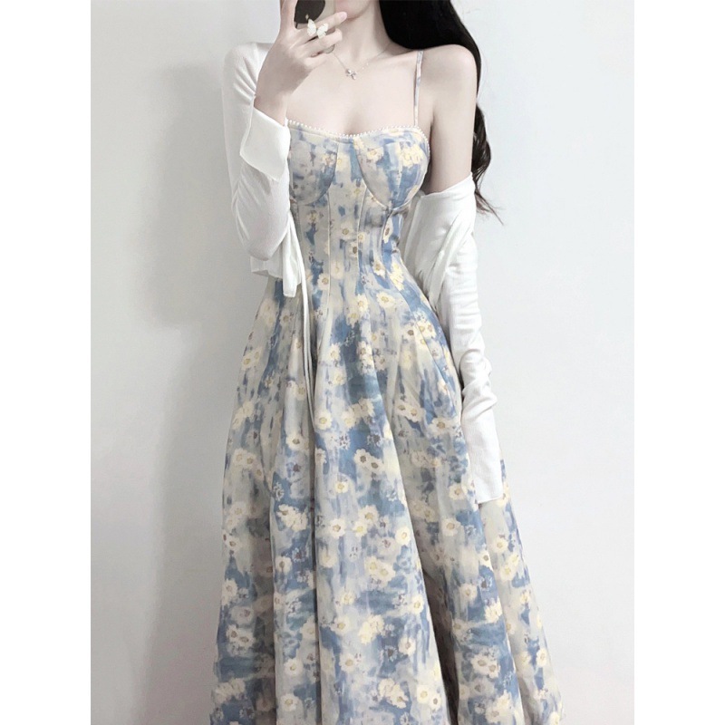 French blue oil painting dress Beach skirt floral strap dress female 2023 Summer Fairy texture High sense