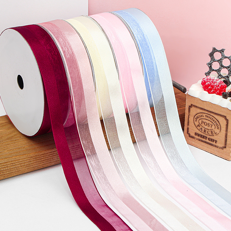 (10 rolls) 2.5cm Half Satin Half Yarn Ribbon Flowers Gift Wrapping Belt Birthday Cake Gift Decoration Tie
