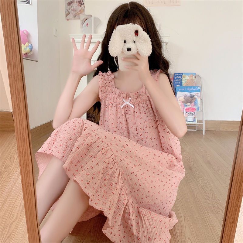 Picture of Cute Outer Wear French Slip Skirt Pure Desire nis Style Pajamas Women's Summer Thin Sweet Loose Home Dress Nightgown