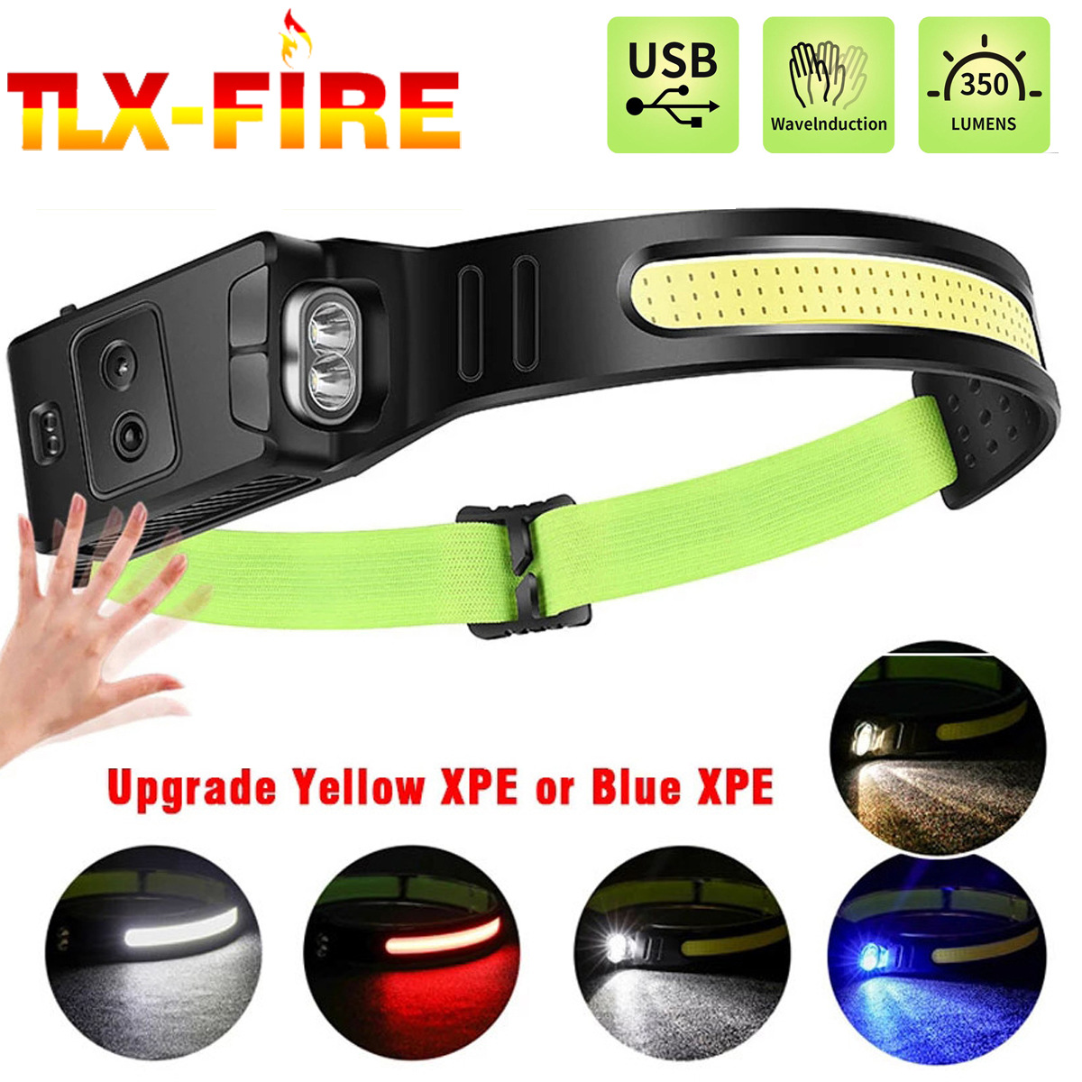 New headlamp induction COB + XPE three-color light source strong light outdoor riding portable USB charging fishing running lamp