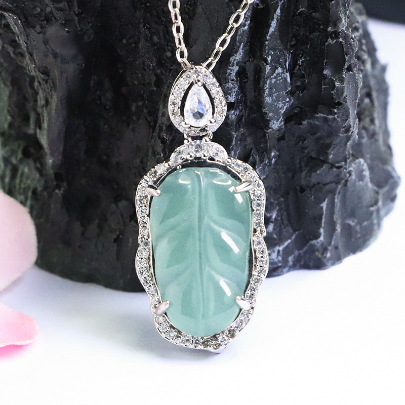 Xinyu Natural A-Grade Jadeite Blue Water Leaf Pendant Jade Necklace Live Broadcast Supply Wholesale Fc5050705