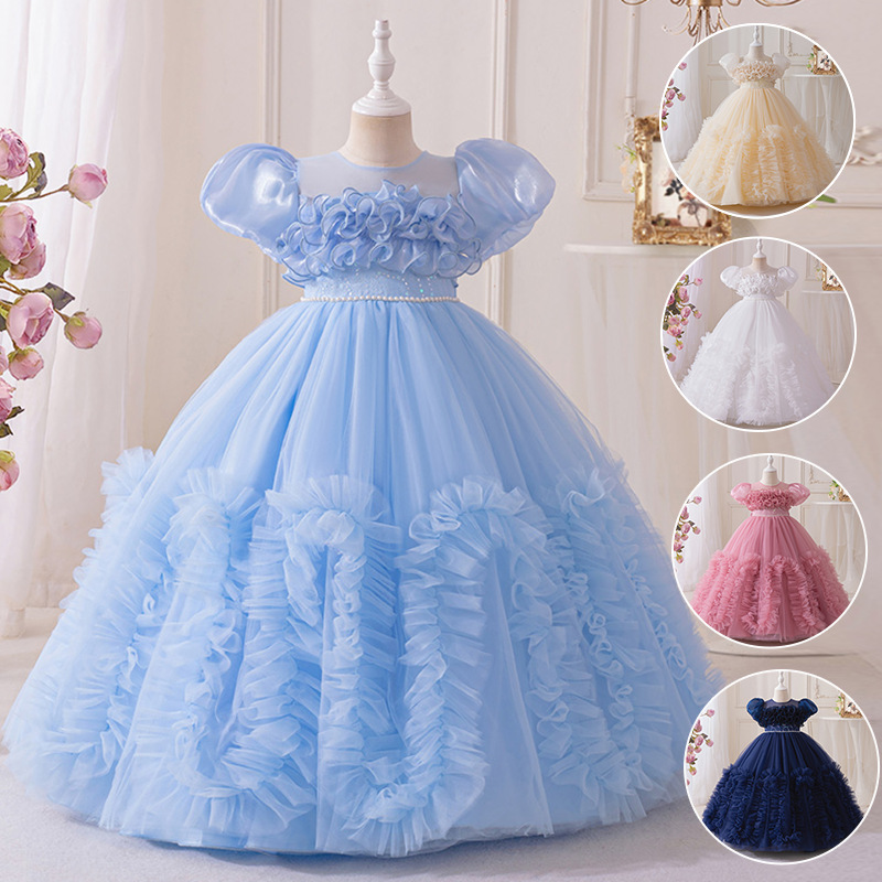 Cross-border New Children's Dress Sleeveless Long Princess Dress Party Performance dress Mesh Flower Tulled Dress