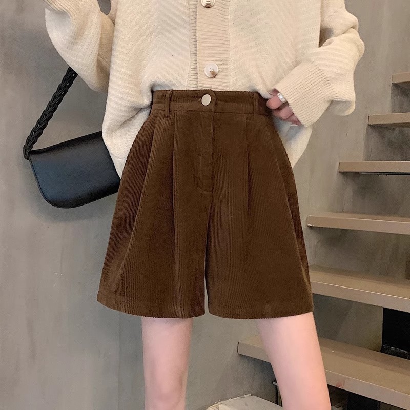 23 Corduroy Shorts Women's 20 Outer Wear High Waist A- shaped Autumn All-match New Casual Wide Leg Pants with Slim Boots