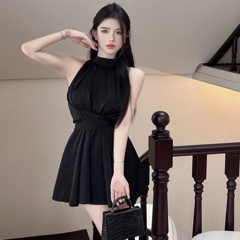 Hong Kong Style Hanging Neck Dress Women's Summer Royal Sister Light Mature Wind Tight Waist Black Short Dress Sexy Sleeveless High-end Dress