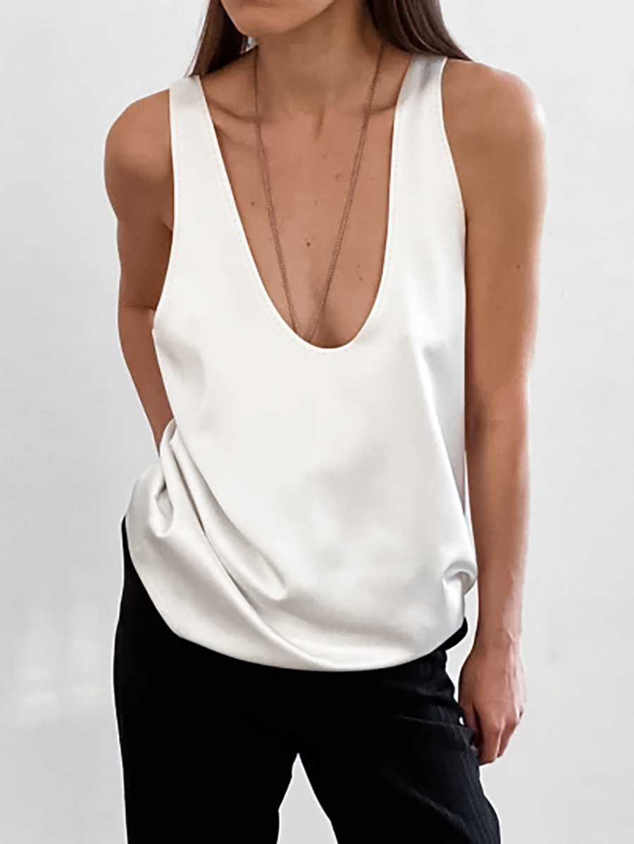 Picture of 2025 Summer New Pure Color Satin U-Neck Sleeveless T-Shirt European and American Versatile Street Style Vest Wholesale for Women