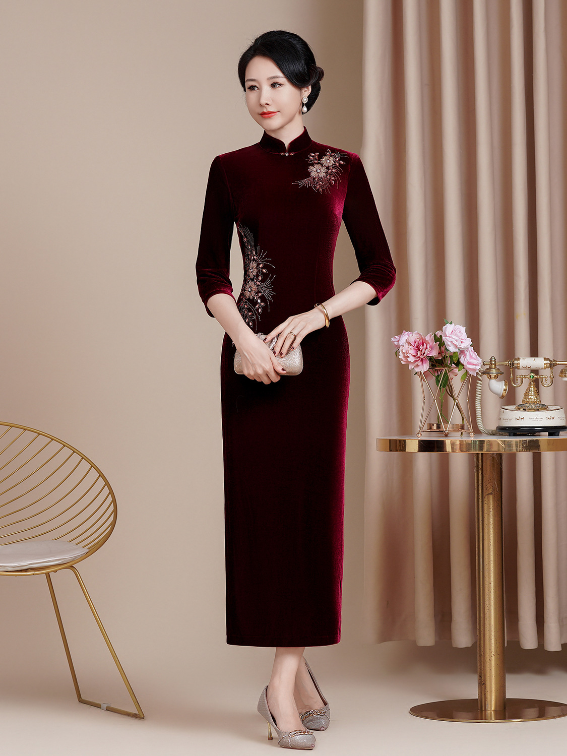 Autumn new improved version of velvet cheongsam wedding happy mother-in-law toast dress slim long cheongsam dress
