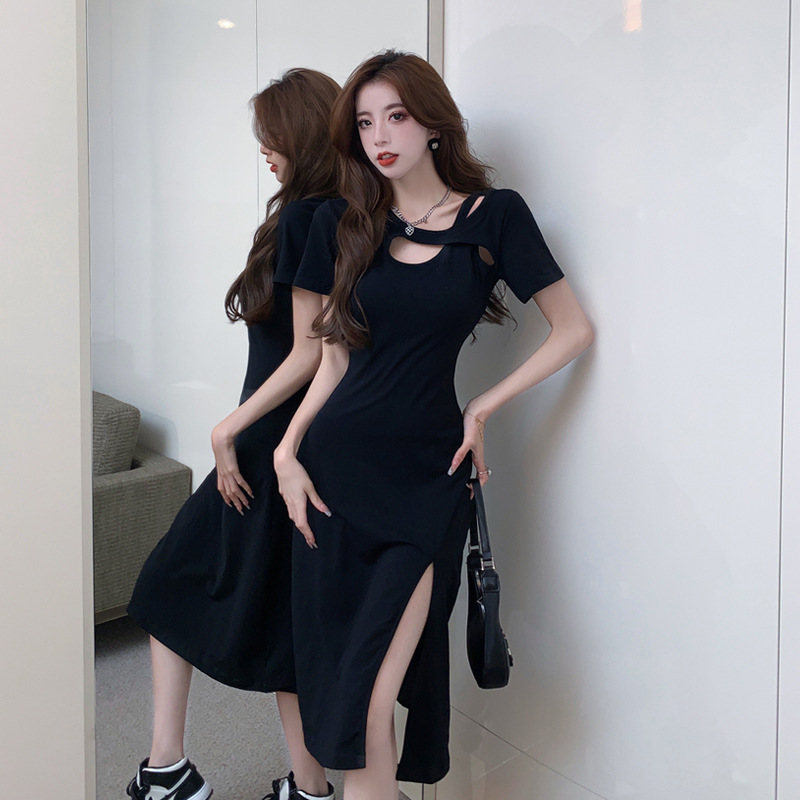 2023 New Hong Kong Flavor Internet Celebrity Spice Girl Dress Cautions Hollow-out Sexy Slim-fit Slimming Mid-length Slit Dress