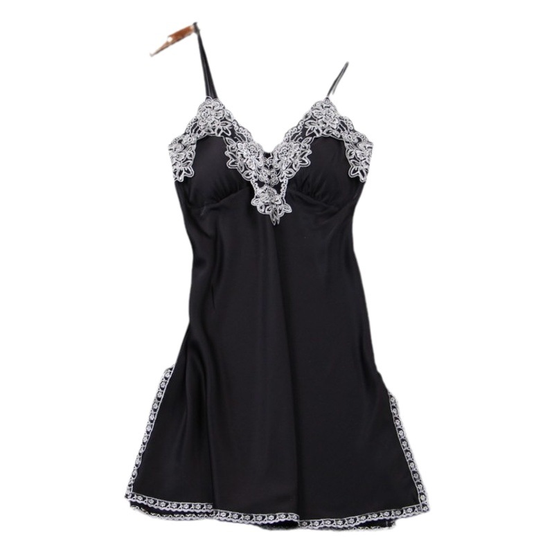 Ice Silk Pajamas Women's Summer Sexy Sling Nightgown with Chest Pad Silk Lace Split Temptation Backless Home Clothes