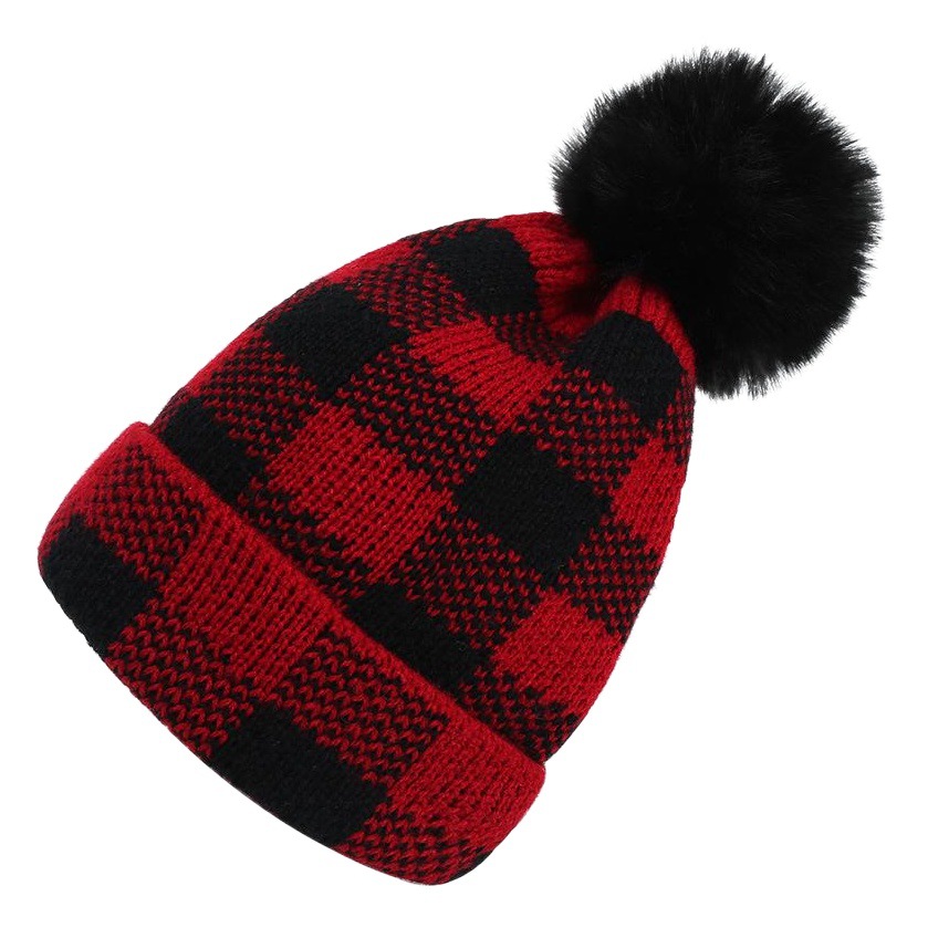 Manufacturer's Ready-Made New Winter Fur Ball Large Brim Parent-Child Knitted Hat European and American Red and Black Plaid Small Batch Christmas