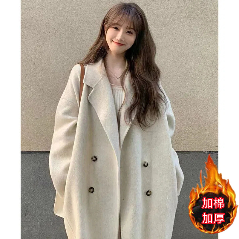 Picture of Mid-length woolen coat for women autumn and winter cotton-padded student straight loose over-the-knee overcoat double-breasted lazy windbreaker thick