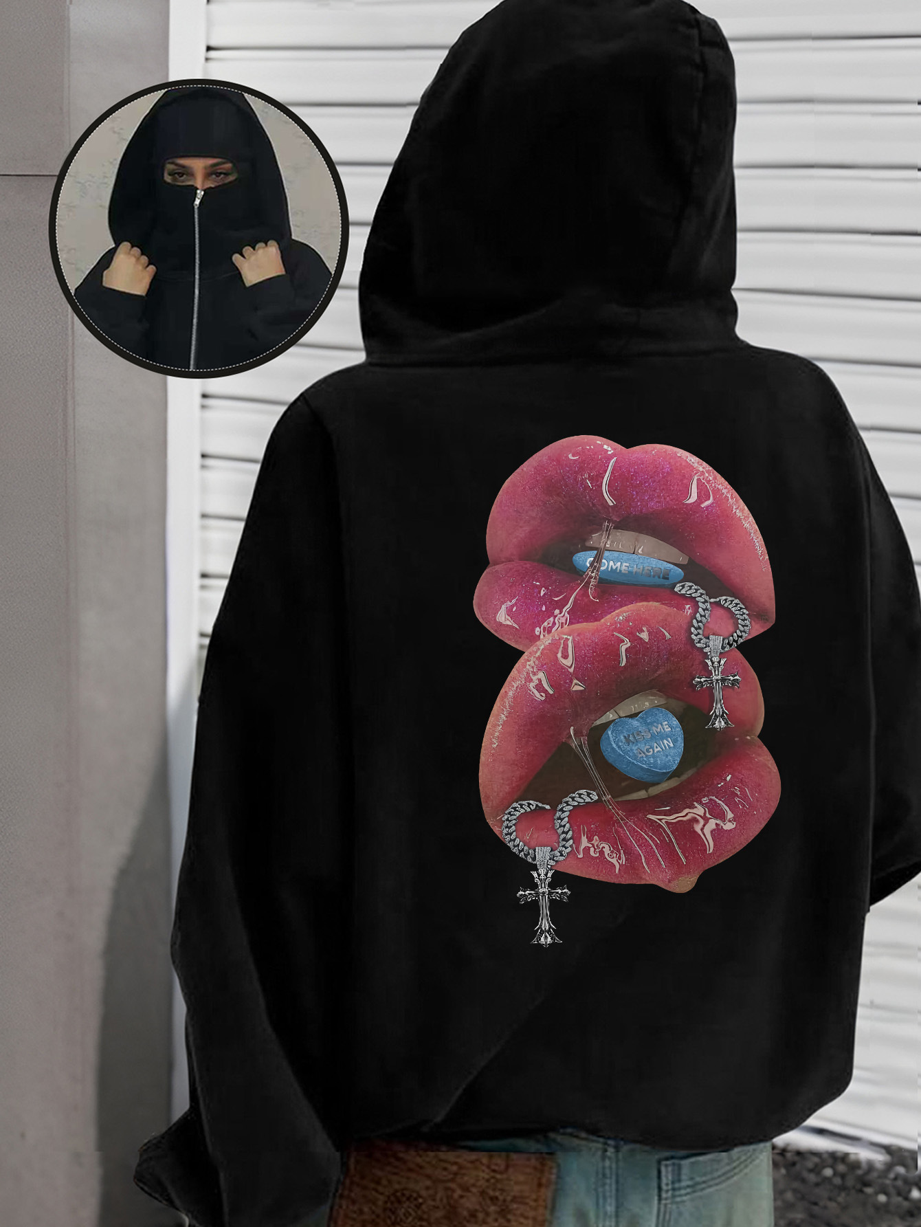 230g Sweatshirt/100% Polyester/Ladies Fashion Mouth Necklace Street Style Barack Double Cap Double Collar Sweatshirt