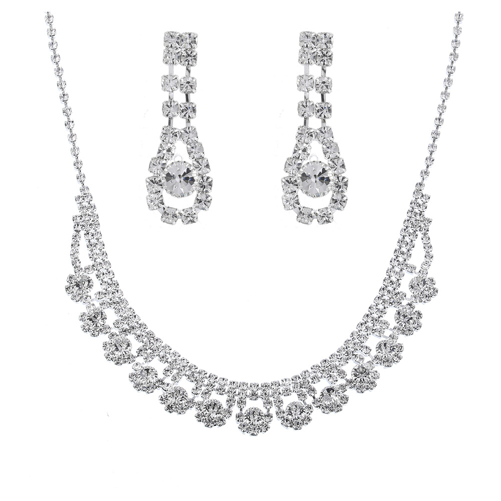 Picture of Brilliant diamond zircon water drop necklace earrings bride wedding jewelry shooting jewelry set wholesale