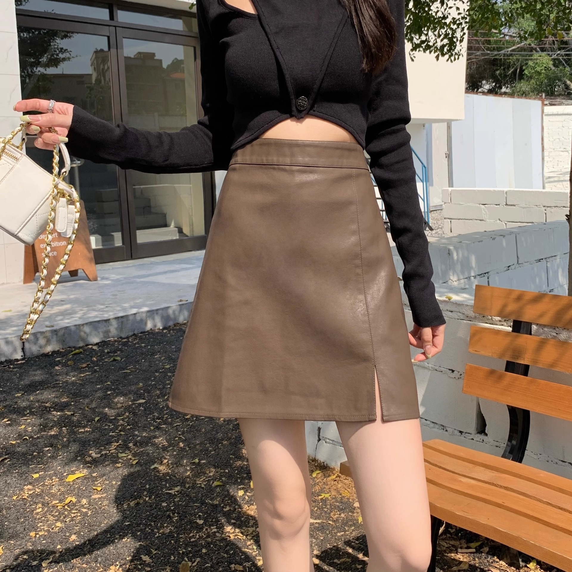 This year's popular PU leather A- line skirt women's high-end sense small high waist slim split hip skirt other