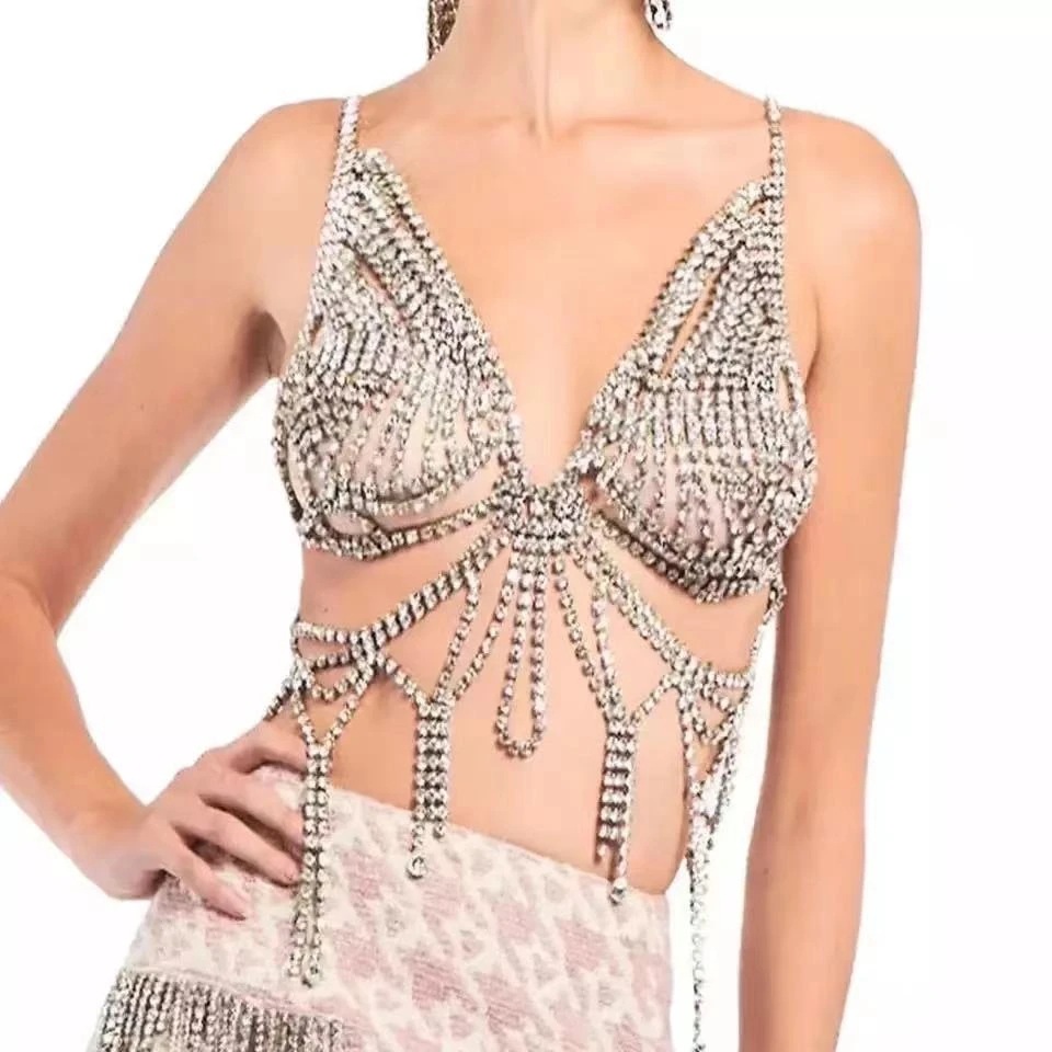 European and American sexy beach colored diamond chest chain diamond tassel bikini body chain luxury rhinestone underwear female bra