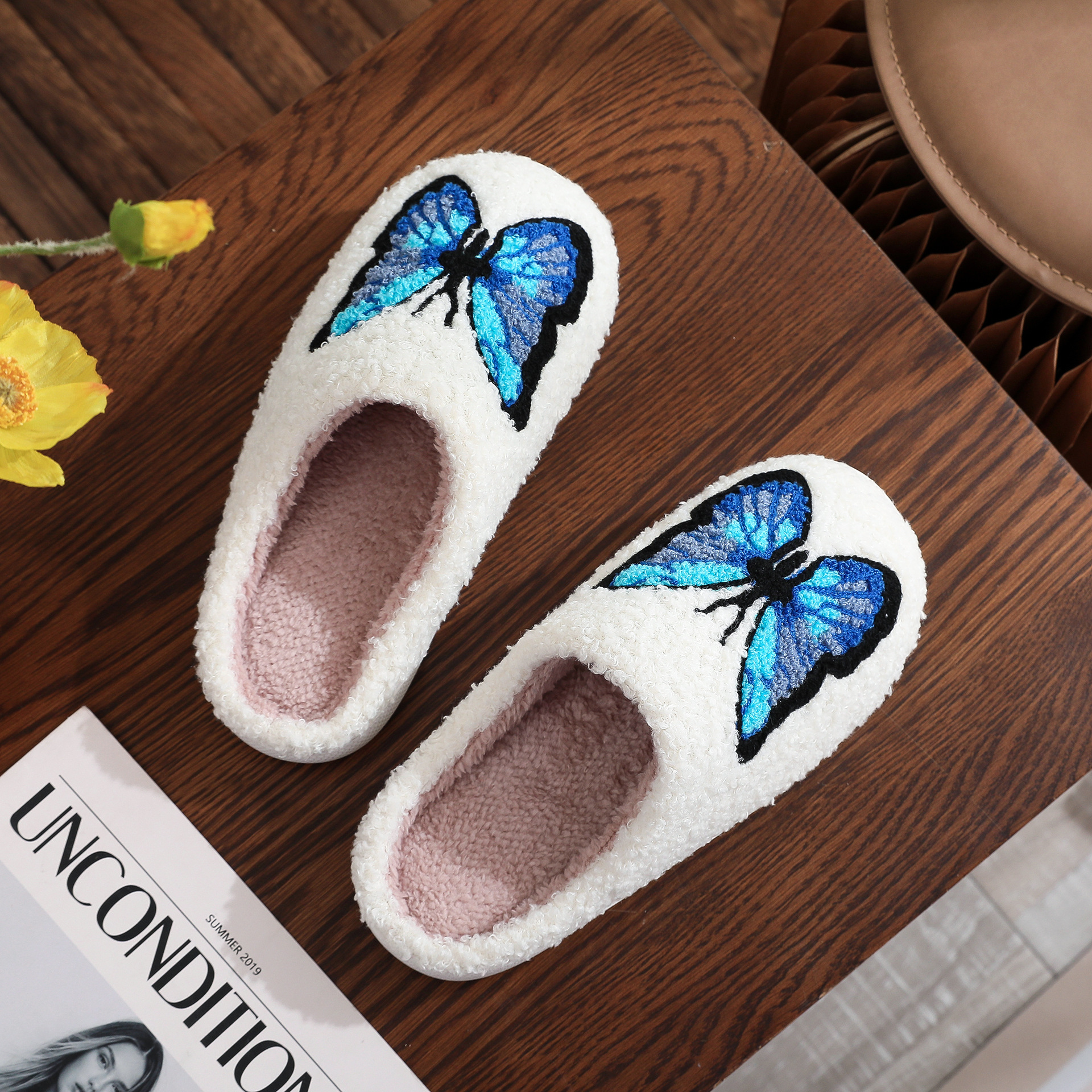 AliExpress European and American cross-border new comfortable home Color Butterfly cotton slippers winter women's thick bottom indoor warm