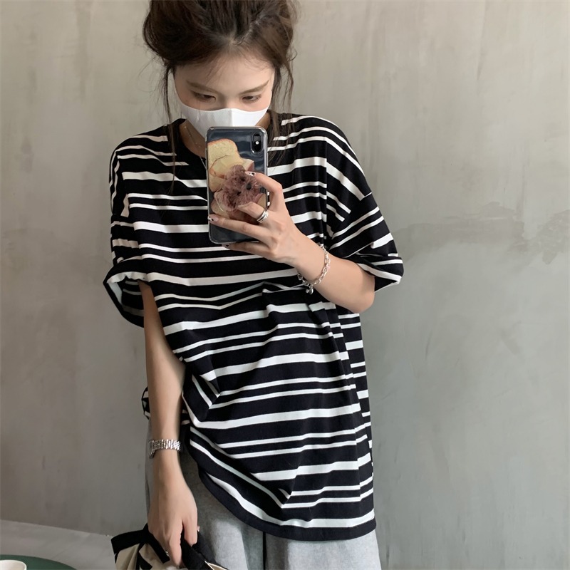 59164# [milk silk] black striped short-sleeved T-shirt women's loose design sense niche ins regular