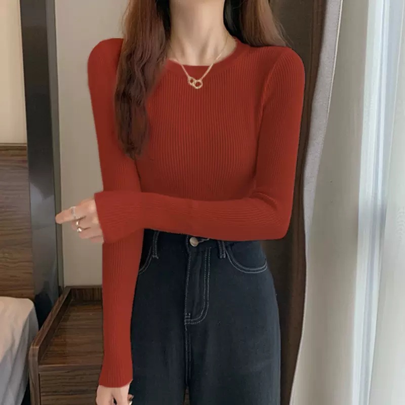 Picture of Sweater 2023 autumn new women's slim-fit black undershirt Western style round neck long sleeve early autumn knitted top