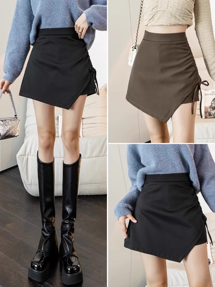 Pleated Lace-up Irregular Skirt Women's 2024 Spring New Hip Skirt High Waist Slimming Korean A- line Skirt Pants