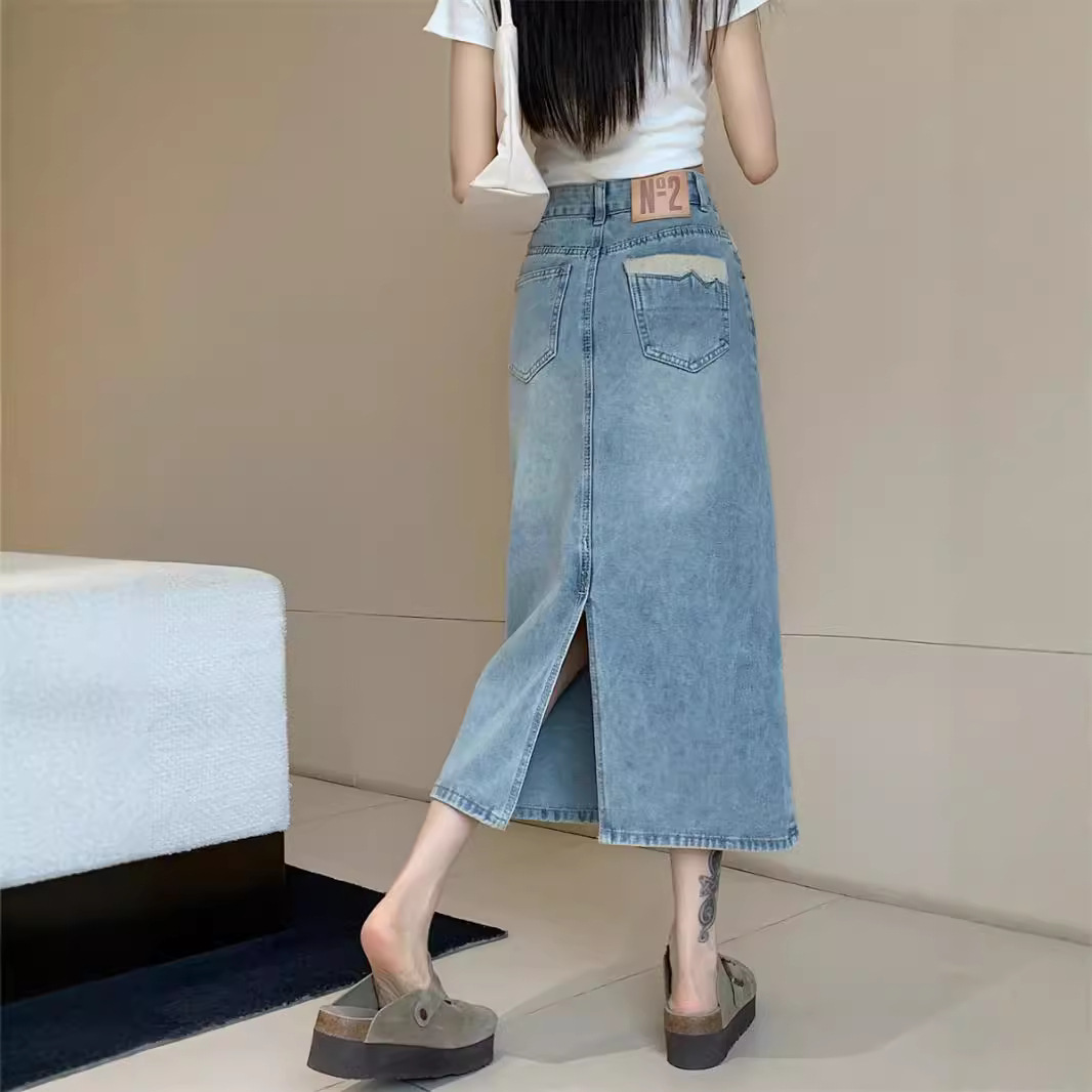 Vintage Split Denim Skirt Women's 2024 Summer New High Waist All-match Slim A- line Hip Midi Skirt