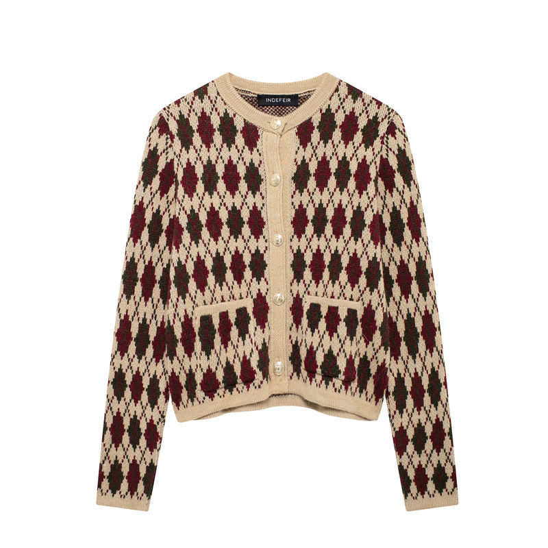SAW Independent Station New European and American Style Women's Casual Round Neck Long Sleeve Diamond Knitted Jacket 6427137