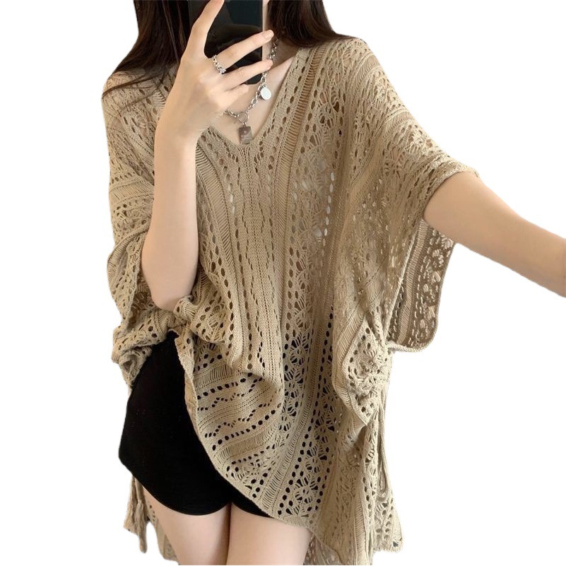 Lazy style V-neck hollow-out pure desire top women's short-sleeved sweater summer niche unique fashion ins loose blouse