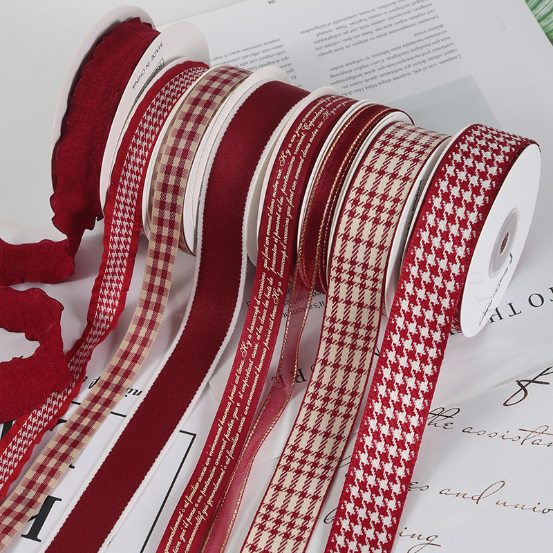 Wine Red New Year plaid ribbon bouquet baking diy handmade floral packaging material ribbon ribbon British style