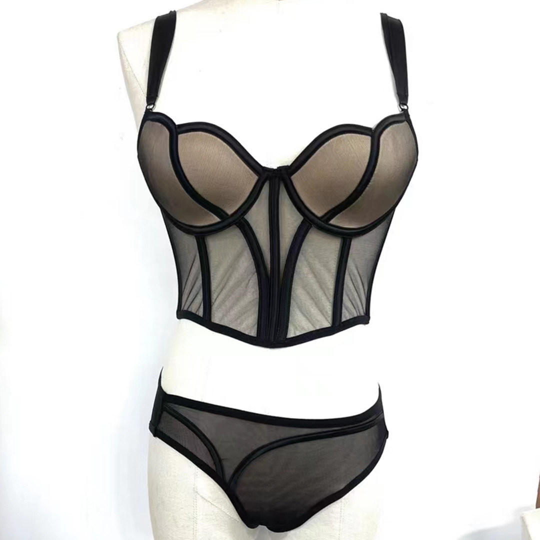 New French style underwear long mesh Vintage bra Fishbone clothing European and American vest micro body shaping push up bra suit