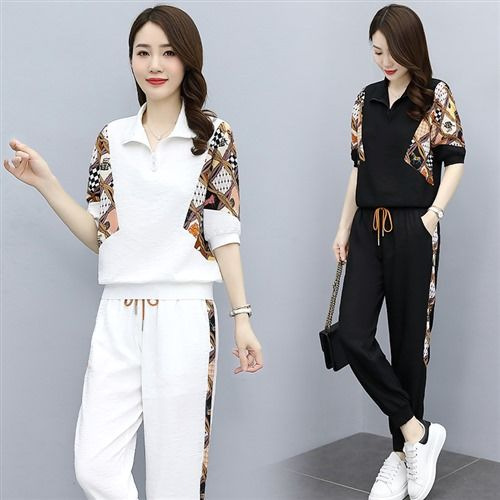 Fashion Suit Pants Women's Summer Wear 2025 New Women's Clothing Age-Reducing Style Sports and Leisure Two-Piece Leggings Suit