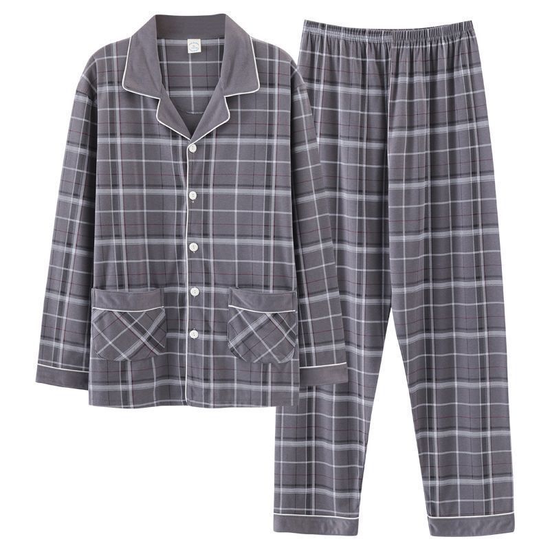 100% Pure Cotton Pajamas Men's Long Sleeve Spring and Autumn Pajamas Men's Autumn Green Middle-aged Summer Day Home Clothes suit