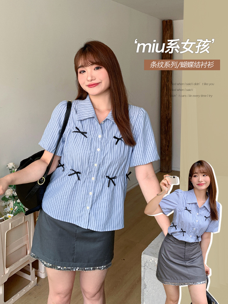 Picture of Salt Sweet Style Wear Academy Style Design Sense Bow Blue Shirt Women's Large Size Slim Shirt for Chubby Girls 62686