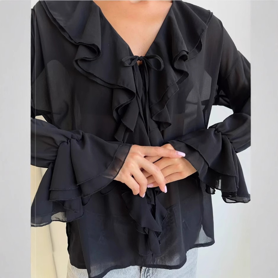 Picture of Spring European and American Style Cross-Border Women's New Fashion Ruffled Bell Sleeves V Neck Lace-Up Cross-Border Shirts for Women