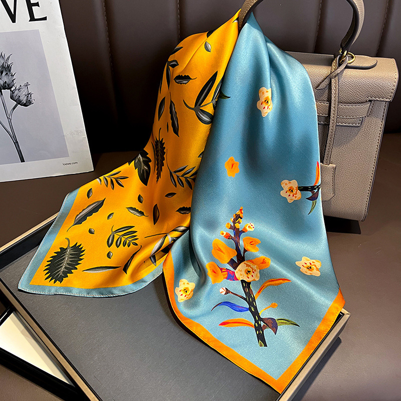 Picture of Spring and Autumn Thin Japanese and Korean Sweet Champagne Color Small Floral Silk Mulberry Silk 70cm Square Scarf Silk Scarf Hair Band Headwear Women