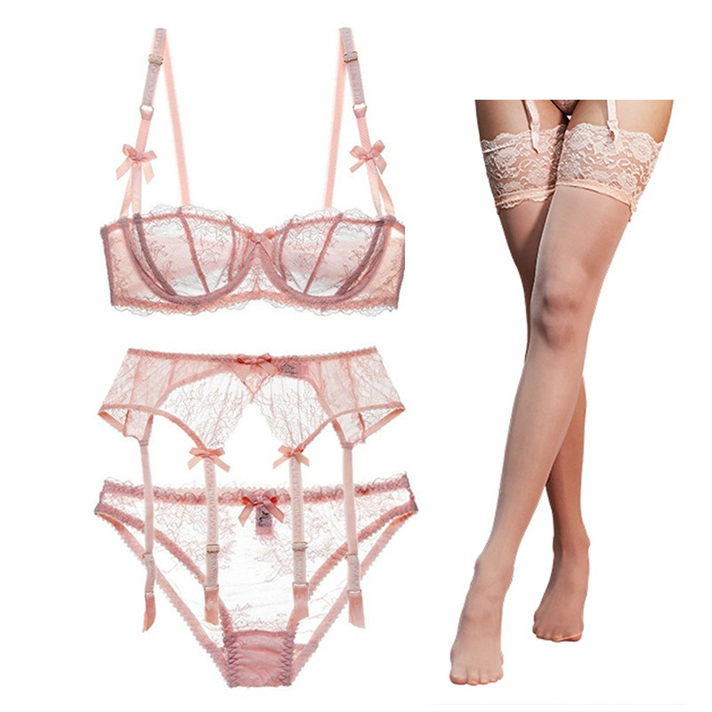 Picture of Independent Station Half Cup Sexy Lace 4-Piece Bra Intimates Women's Bra + Panties + Garter + Stockings Set