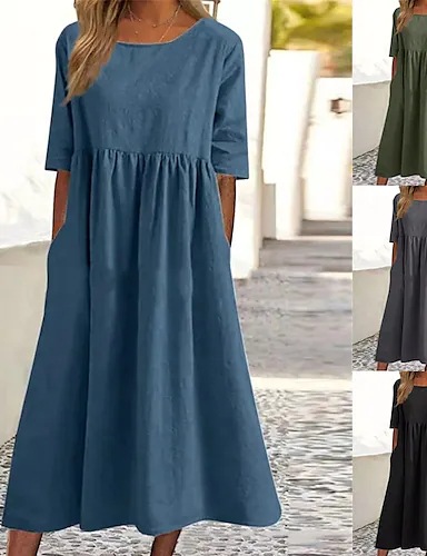 2023 Amazon Cross-border Spring and Summer New Round Neck 5-point Sleeve plus size Casual Loose Long Solid Color Cotton and Linen Clothes