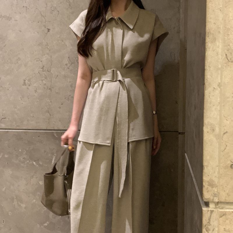 Fashion Suit for Women, French Style Lace-Up Waist White Shirt, Summer High-Waisted Wide-Leg Casual Pants Two-Piece Set