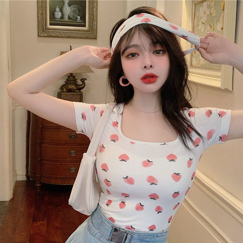 Sweet Cool Spice Girl Sexy Square Collar Short T-Shirt Women's Spring and Autumn All-match Slim-fit Slimming Base Shirt Top Women's Women's Fashion