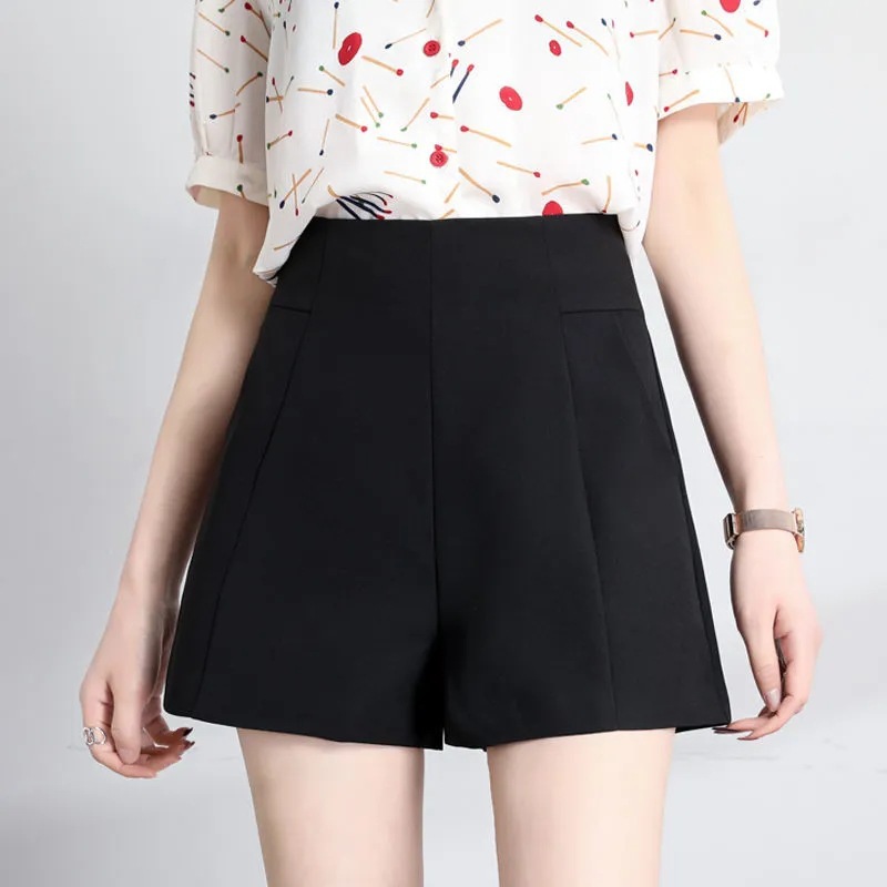 Black High-waisted Suit Shorts Women's Autumn plus size Thin A- line Slimming Wide-leg Outer Wear Casual Summer Dress