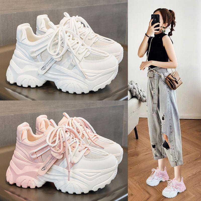2024 Summer New Torre Shoes Women's All-match White Thick-soled Thin Sports White Breathable Mesh Women's Shoes