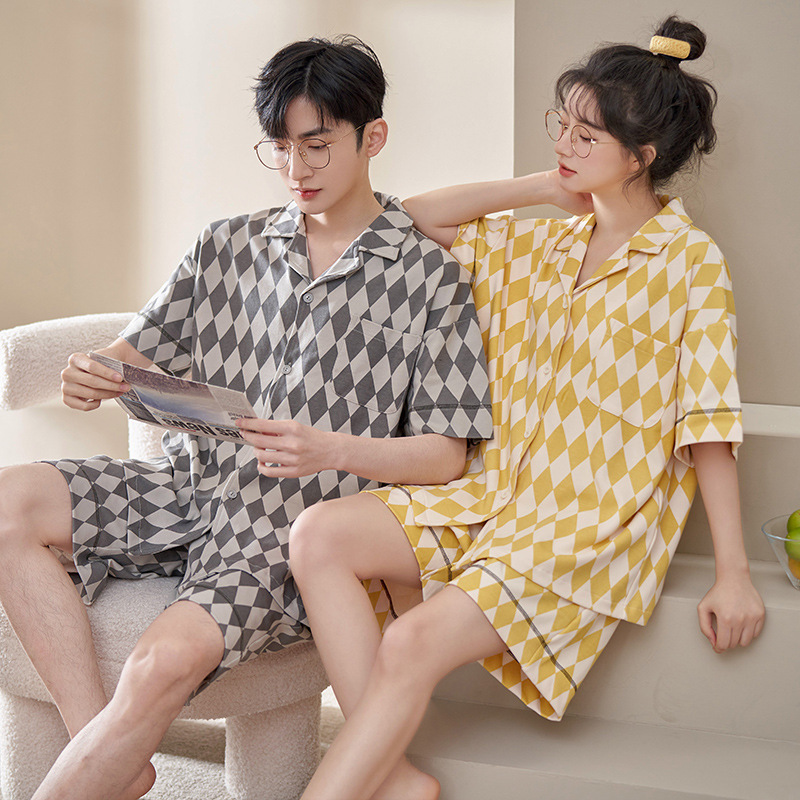 2023 New Summer Couple Pajamas Short-Sleeved Shorts Korean Style Casual Plaid Pure Color Home Clothes Suit for Women