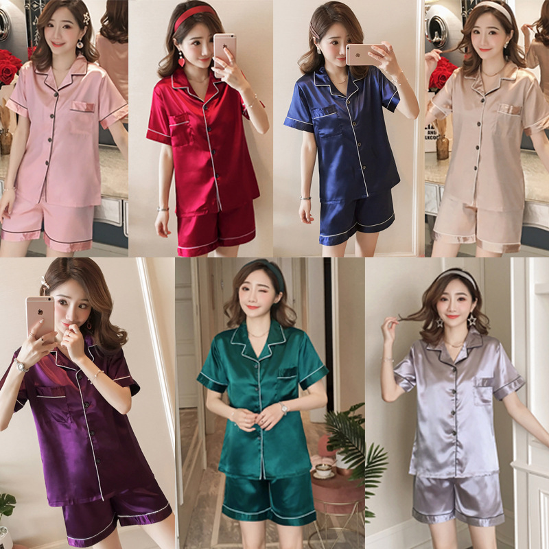 Simulated Silk Short-Sleeved Pajamas for Women Pure Color Summer 2024 Summer Sweet and Cute Ice Silk Pure Color Summer Home Clothes