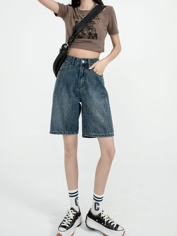 American Style Hot Girl High Waist Five-point Denim Shorts Women's 2025 Summer New Loose Wide-leg Small A- shaped Mid-length Pants