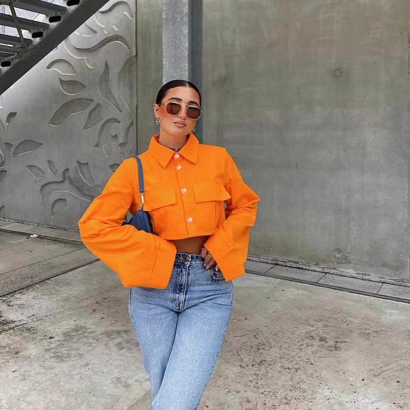 Picture of 2022 European and American Autum New Shirt Sense of Design Pure Color Flap Pocket Pants Short Design Sense of Design Casual Ins Top for Women