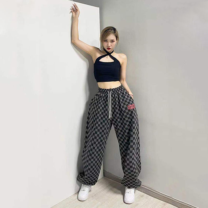 Picture of Black and White Chessboard Plaid Pants Women's Hip-hop 2024 Loose Wide-leg Trendy Jazz Dance Casual Sports Pants High Street Trendy