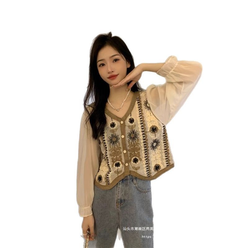 Picture of Shirt Spring Women's 2023 New Long-sleeved French Retro Gouhua Lace Puff Sleeve V-neck Sweater Top Trendy 1